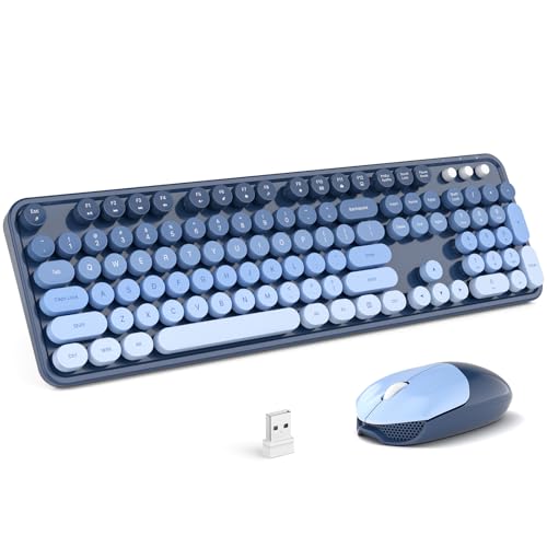 MOFII Wireless Keyboard and Mouse Combo, Full-Size Retro Typewriter Keyboard with Round Keycaps, Ergonomic Design for Windows 7 8 10 11 PC Laptop, Home and Office Use -Blue - color: Sea Blue Gradient
