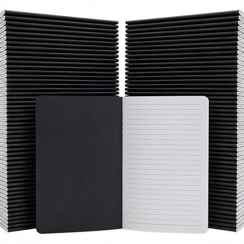 VMK 100 Pack A5 Wide Ruled Lay Flat Notebooks Bulk, Black Softcover | 30 Sheets/60 Pages Each, Thread-Sewn Binding, 80gsm Paper, 4 Bundles of 25 for Offices, Events, and Large Teams - color: Black