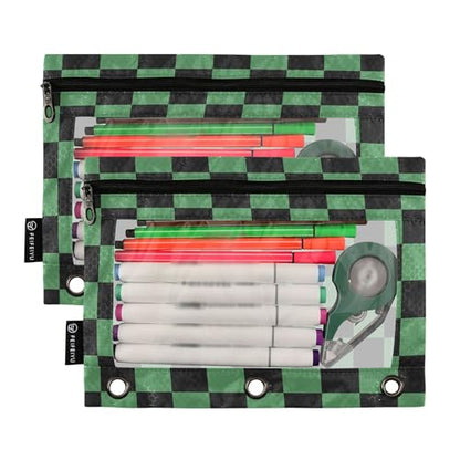 Darksage Chessboard Binder Pouches 3 Ring for Boys Girls School Office College Supplies Black Buffalo Plaid Seagreen Pencil Pouches Case Bag with Clear Window and Zipper 2 Pack - color: Darksage