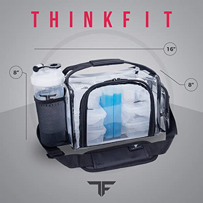 ThinkFit Clear Lunch Bag with 6 Meal Prep Containers and Ice Packs BPA-Free | Includes Shaker Cup, 2 Ice Packs and Pill Organizer; Reusable Clear Lunch Box for Work; Microwave, Freezer, Dishwasher Safe - color: Clear