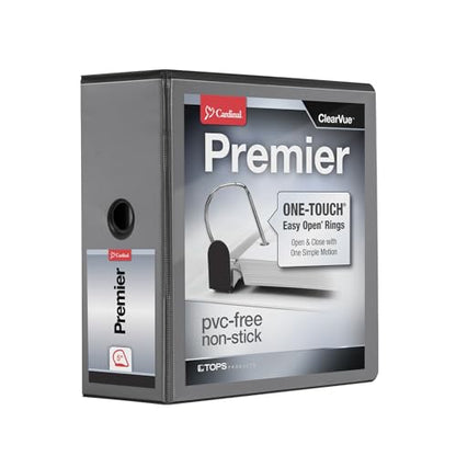 Cardinal 3 Ring Binder, 5 Inch Premier Easy Open Binder, ONE-Touch Locking Slant-D Rings, 1,050-Sheet Capacity, ClearVue Cover with Shelf Pull, PVC-Free, Black (10351) - size: 5-Inch