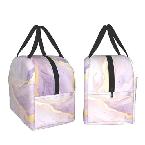Nerxy Insulated Lunch Bag Woman 8x5x8.5inch Pink Purple Gold Marble Reusable Lunch Box Soft Cooler Tote Bag Men Kids Adults Waterproof Meal Container With Pocket for Work School Travel Office Picnic - color: Marble