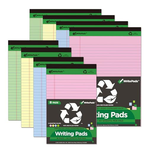 KAISA Colored Legal Pad 15lb Recycled Paper Writing Pad, 4pcs 5"x8" Narrow Ruled and 4pcs 8.5x11 inch Wide Ruled, 50 Sheets, Mixed 8pads, KSU-7358 - color: Mix 8 pad, size: 5x8 & 8.5x11 inch