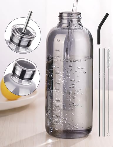 NiHome Glass Water Bottle 25oz/750ml with Two Caps, Stainless-Steel Straw, Brush and Silicone Cover, High Borosilicate Glass for Hot & Cold Beverages, Leak-Proof for Travel, Gym, Office (Smoky Gray) - color: Smoky Gray