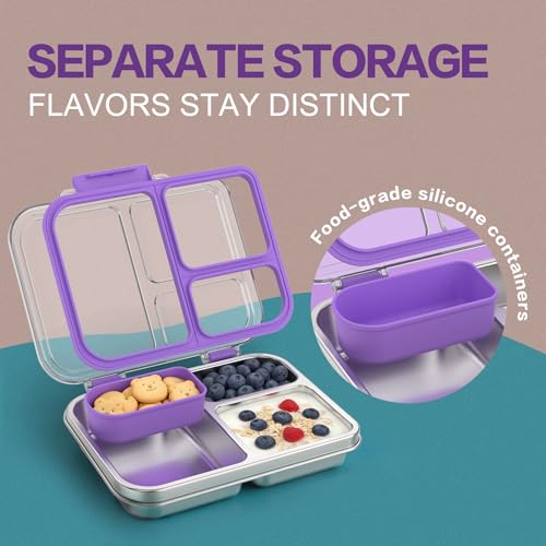 Stainless Steel Bento Box for Kids, 3-Compartment Metal Lunch Box with Clear Lid & Removable Silicone, Lunch Box Kids with Silicone Inner Container for Meal Prep, School, Office (Purple) - color: Purple