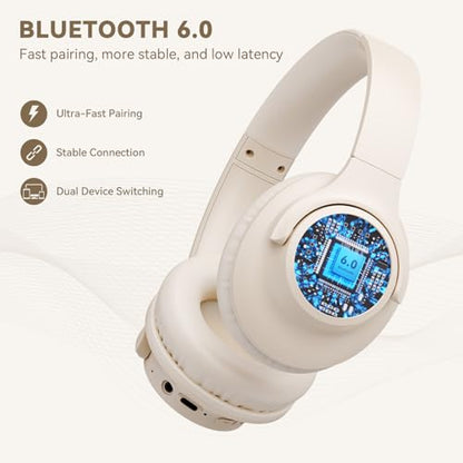 KVIDIO Bluetooth Headphones Over Ear, 65 Hours Wireless Headphones with Mic, Low Latency Foldable Lightweight Headset with Deep Bass, HiFi Stereo Sound Headphones for School Work Cellphone Sports - color: Beige
