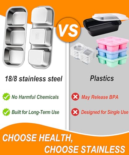 KTKUDY 5 Pack Stainless Steel Snack Containers for Kids & Adults - Large - Leak-Proof 3-Compartment Stackable Snack Lunch Boxes for School, Work & Travel - size: 5 Pack-3 Sections
