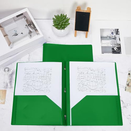Lincia 100 Pcs Plastic Folders with Pockets and Prong Folders with Prongs 2 Pockets for Office, School for Students, Teachers, Office Workers(Deep Green) - color: Deep Green