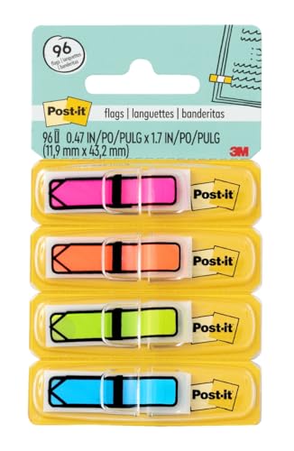 Post-it Arrow Flags, 0.47 in. x 1.7 in., Four Dispensers with 24 -Count Assorted Bright Colors Sticky Tabs Per Dispenser, Removable Page Markers for Planners, Journals, and Calendars (96 Flags Total)