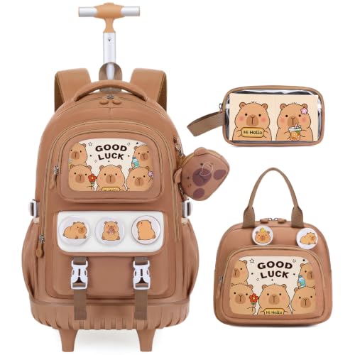 Capybara Rolling Backpack for Girls - 3PCS Girls Backpack Kids Suitcase with Lunch Box & Pencil Case Travel - Capybara Backpack with Wheels for Kindergarten Preschool Elementary (Brown) - color: Brown