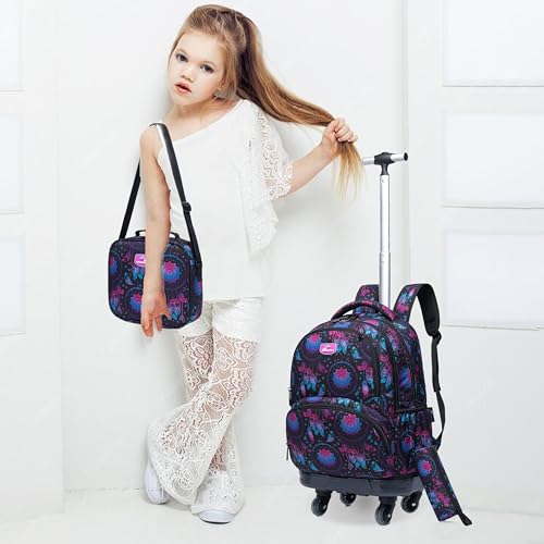 Kids Rolling Backpack for Girls Geometric Suitcases Trolley Roller Luggage Backpacks with 360° Rotating Wheels 15" Laptop Lunch Box Pencil Case for Elementary 18" Travel School Bag Purple - color: Blue-jihe-1220