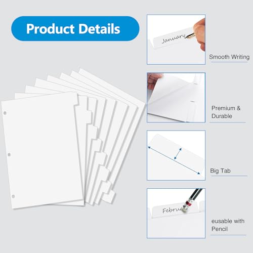 Binder Dividers for 3 Ring Binder, 1/8 Cut Tabs, Letter Size Blank Write On Page Dividers with 8 Tabs, 4 Sets 32 Dividers for School Office Home, White