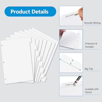 Binder Dividers for 3 Ring Binder, 1/8 Cut Tabs, Letter Size Blank Write On Page Dividers with 8 Tabs, 4 Sets 32 Dividers for School Office Home, White