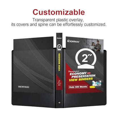 COMIX Sturdy 3 Ring Binder 2 inch with Clear View Cover, 2" Round Ring View Binder, PVC-Free, 450 Sheets Capacity of US Letter Size Paper, Office ＆ School Supplies, Pack of 6 (Black) - color: Black, size: 2 Inch, style: 6 Pack