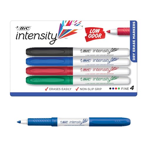BIC Intensity Low Odor Dry Erase Markers, Fine Tip, Assorted Colors, 4-Count Pack of Erasable Markers With Low-Odor Ink for a Pleasant Writing Experience - size: 4 Count (Pack of 1)