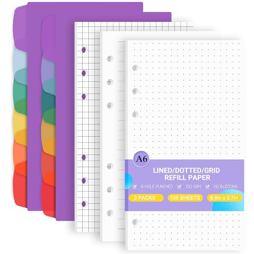 Antner A6 Planner Inserts 6-Hole Lined/Dotted/Grid Refill Paper for A6 6-Ring Refillable Notebook Binder, 135 Sheets Loose Leaf Filler Paper with 12 PCS Binder Dividers for Notes Journal Sketch Chart - color: Lined/Dotted/Grid Square Paper