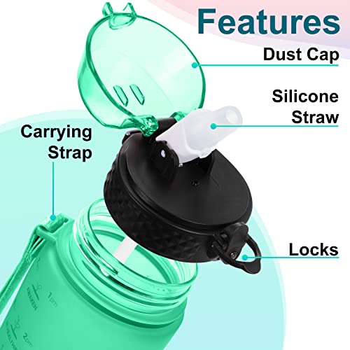 24 OZ Motivational Kids Water Bottle With Time Marker,Straw Lid,Leak Proof, Tritan BPA Free Sports Water Bottle Green-Blue(1 Lid) - color: Green Blue