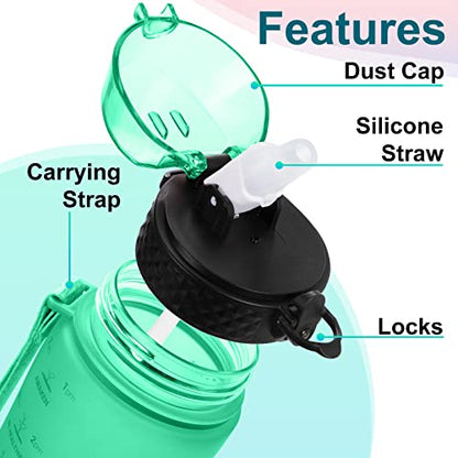 24 OZ Motivational Kids Water Bottle With Time Marker,Straw Lid,Leak Proof, Tritan BPA Free Sports Water Bottle Green-Blue(1 Lid) - color: Green Blue