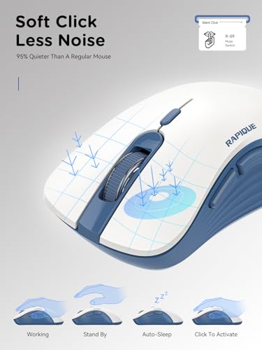 RAPIQUE Bluetooth Wireless Mouse - Dual Bluetooth & 2.4 GHz USB Receiver, Ergonomic Design, Quiet Clicks, Low Power - Multi-Device Compatibility for MacBook, Laptop, Computer (Blue and White) - color: White and Blue