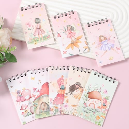 8 Pcs Mini Flower Fairy Spiral Notebooks 3.9 x 2.4 Inch, Mixed Colorful Mushroom House Elf Design Journal Lined Memo Pad, Portable Coil Notepads for Kids Birthday Party Classroom Gifts Supplies - color: Flower Fairy