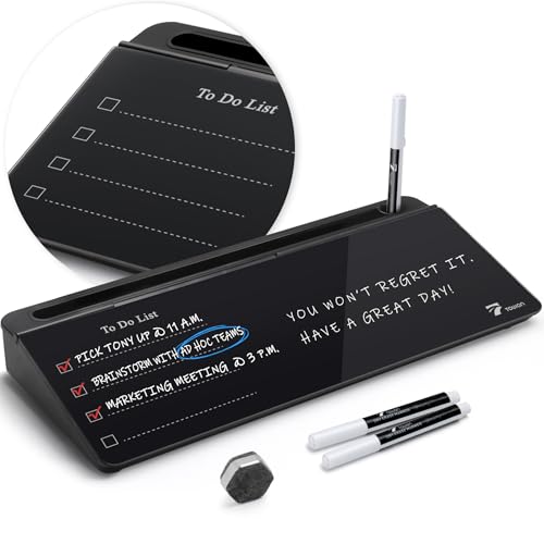 TOWON Glass Desk Whiteboard 16x7 in with to-Do List Templates, Black | Desktop whiteboard with lined and free section templates. Reminder memo notepad. Glass dry erase with storage. - color: Line Black