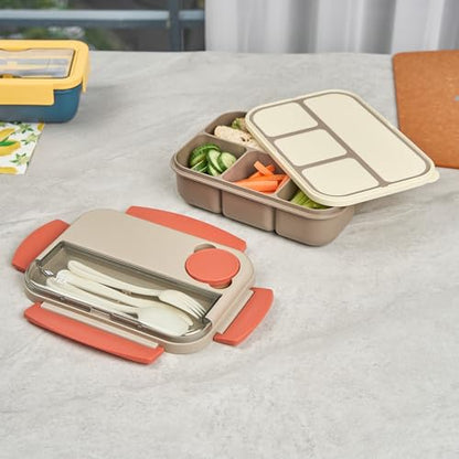 Restaurantware-Bento Tek 43.9 Ounce Bento Box, 1 Reusable Lunch Container - With Cutlery, Does Not Contain BPA, Brown And Orange Plastic Reusable Lunch Box, Sauce Cup Included, Microwavable - size: 1 Count, style: 44 oz - Brown