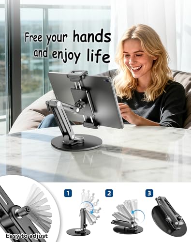 Portable Monitor Stand Large Clamp - Heavy Duty Aluminum Body Support up to 4.4LBS 16" 17.3" 18.5 inch 360° Rotating Base Swivel Foldable Desk Stand for iPad Holder Tablet Mount for Kitchen/Travel - size: Up to 18.4''