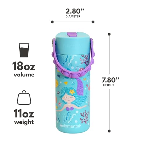 Elemental Insulated Kids Water Bottle, Stainless Steel Water Bottle with Straw Lid & Pop-It Handle, Leak-Proof Water Bottles for School, Boys or Girls, Travelling and Sports, 18oz - Mermaid - color: Mermaid
