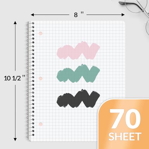 SUNEE Spiral Notebook, 1-Subject, Graph Ruled Paper, 8" x 10-1/2", 70 Sheets, 5 Squares per inch Spiral Grid Notebooks for Work, Home, School, Writing, Black - color: Black