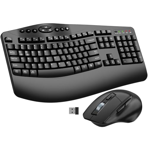 Ergonomic Wireless Keyboard and Mouse Combo, 2.4GHz Full Size Wave Keys Computer Keyboard with Wrist Rest for Natural Typing, Silent 6 Button USB Mouse for Laptop PC Windows Mac
