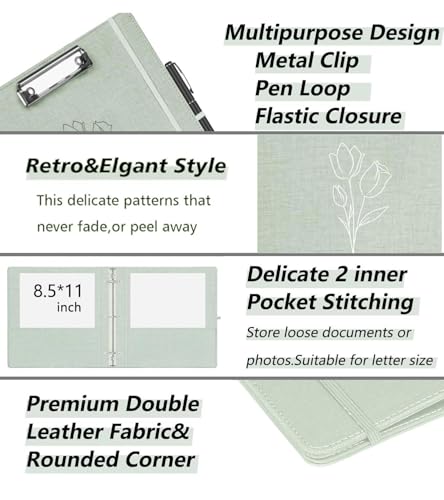 2 Inch 3 Ring Linen Binder Organizer, BVSSX Three Ring Binders with Clipboard, Plastic Folder, 5-Tabs Pocket Dividers with Sticker Labels, Pen Loop, Elastic Strap (Sauge, Letter Size) - color: Sauge, size: 2in（Letter Size）