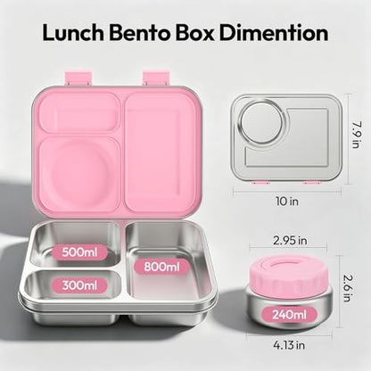 Stainless Steel Bento Lunch Box with 8oz Insulated Food Jar, 3 Compartment Metal Bento Lunch Container for Kids & Adults with Silicone Container and Food Thermo for Work & School, BPA-Free(Pink) - color: Pink