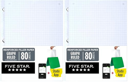 Five Star Loose Leaf Paper + Study App, Graph Ruled Filler Notebook Paper, Reinforced, Fights Ink Bleed, 8-1/2" x 11", 80 Sheets (170122) (Pack of 2) - size: 80 Sheets (Pack of 2)