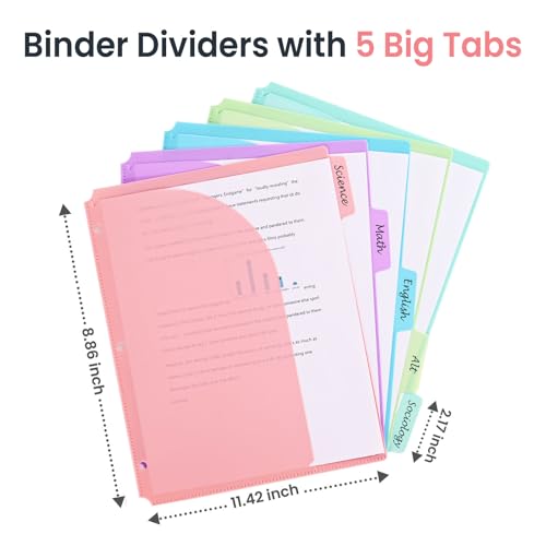 5-Tab Dividers for 3 Ring Binder, 15 Counts Binder Dividers Index with Pockets, 8.5 x 11'' Binder Dividers with 1/5 Cut Tabs for School Office (XY026) (3)