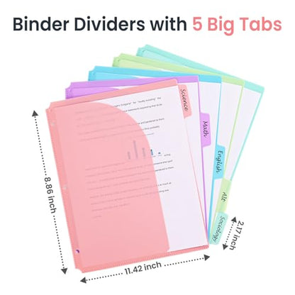 5-Tab Dividers for 3 Ring Binder, 15 Counts Binder Dividers Index with Pockets, 8.5 x 11'' Binder Dividers with 1/5 Cut Tabs for School Office (XY026) (3)