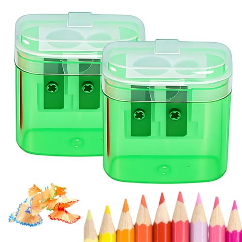 2-Pack Pencil Sharpeners with Lid, 2-Hole Manual Sharpener for Standard & Colored Pencils, Mess-Free Design Keeps Shavings Contained—Ideal for School, Home Office & Art Supplies (Green-2Pcs) - style: Green-2Pcs