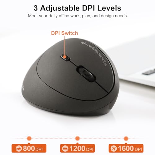 SANWA 2.4G Wireless Ergonomic Mouse, Optical Vertical Ergo Mice for Small Hands, Reduce Wrist Strain, 800/1200/1600 DPI, 5 Buttons, Compatible with MacBook, Laptop, Windows, Mac OS, Black - color: Black