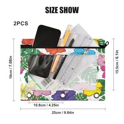 Blueangle Hawaiian Palm Leaves Pencil Pouch for 3 Ring Binder, 2 Pack Clear Window Zipper Pencil Bags for Office