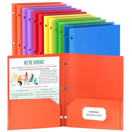 12 Pack Folders with Pockets, Plastic 3 Hole Punched Binder Folders with Business Card Holder, Colored Decorative File Folders for Documents, Filing Cabinet, School, Office, Business - size: 12 Pack