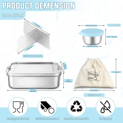 HaWare Stainless Steel Bento Lunch Box, 29oz (850ML) with Divider | 3 Compartment, Blue Condiment Container &Carrying Bag Included, Leak-Proof, Dishwasher Safe - color: Sky Blue, size: 29oz-(850ml)