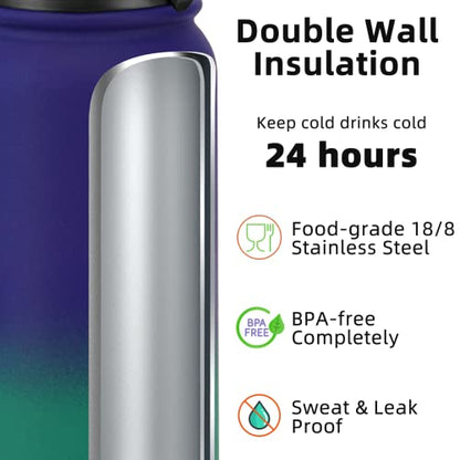 Fanhaw 20 Oz Kids Insulated Stainless Steel Water Bottle with Straw Lid, Leakproof & Anti-Dust Everyday Use Bottle for School, Women & Men, Back to School Essentials (Purple Green) - color: Purple Green, style: 20 Ounces