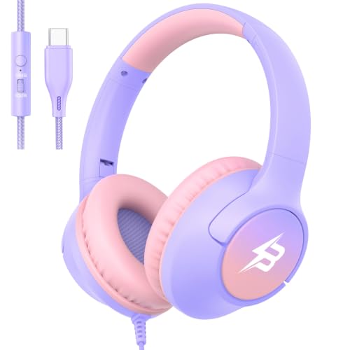 Kids Headphones Wired with USB C Plug with Mic, 85/94dB Volume Foldable Type C Headphones for Kids Girls Toddler, Adjustable Headband Over Ear Wired Headphones for iPad/School,Tablet/Travel, Lavender - color: Gradient Lavender