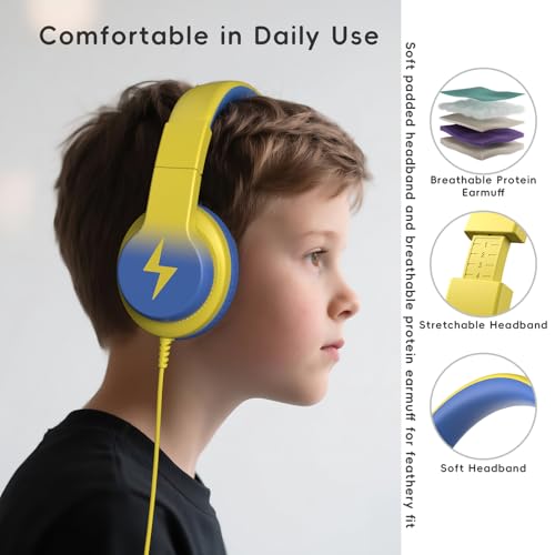 Candy Bila Kids Headphones, Wired Headphones for Kids Over Ear with Microphone, 85/94dB Volume Headphone for Girls Boys, Foldable Headphone for Learning & Entertainment, Light Yellow - color: Light Yellow
