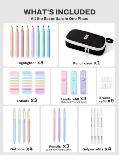 SUNEE 35PCS Aesthetic Stationery Set with Cute Pencil Case, Pastel Highlighters, Black Gel Pens, Mechanical Pencils & Refills, College School Supplies for Students Black - color: Black, style: 35 Pack
