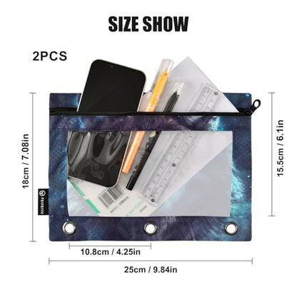 2 Pack Pencil Pouch for 3 Ring Binder Wolf Pencil Case Pouch with Clear Window Zipper Binder Pencil Pouches Pen Bag for Office School Supplies - color: Wolf