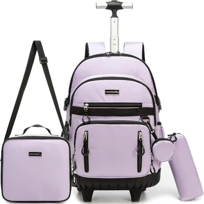 Meetbelify Rolling Backpack for Girls Boys Backpacks with Wheels Kids Carry on Luggage for Girls Boys - color: Girl Purple
