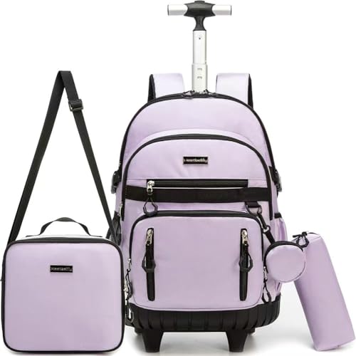 Meetbelify Rolling Backpack for Girls Boys Backpacks with Wheels Kids Carry on Luggage for Girls Boys - color: Girl Purple