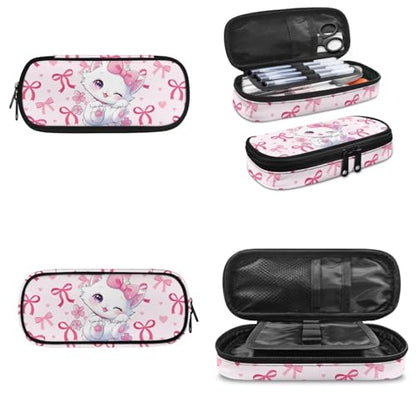 Kids Bookbag Set with Insulated Lunch Bag & Pencil Case for Elementary Girls,Cat Lightweight Waterproof, for Travel Outdoor Picnic - color: Pink Bows-cat