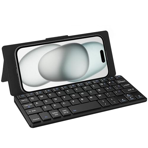 CACOE Wireless Keyboard with Stand, Mini Keyboard for Cell Phone, Ultra-Slim Portable, Foldable, Dual-Channel QWERTY with Stand Holder for Smartphone and More iOS Android Windows, Black - color: black
