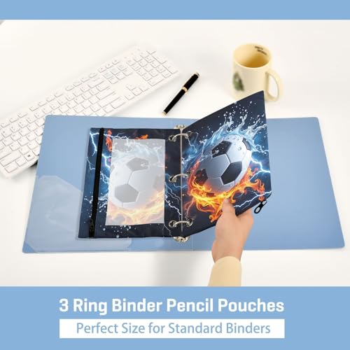 Kcldeci Pencil Pouch for 3 Ring Binder, Soccer Ball in Fire and Water 2 Pack Binder Pencil Pouch with Clear Window Pencil Bags with Zipper Pencil Case for Binder - color: A01